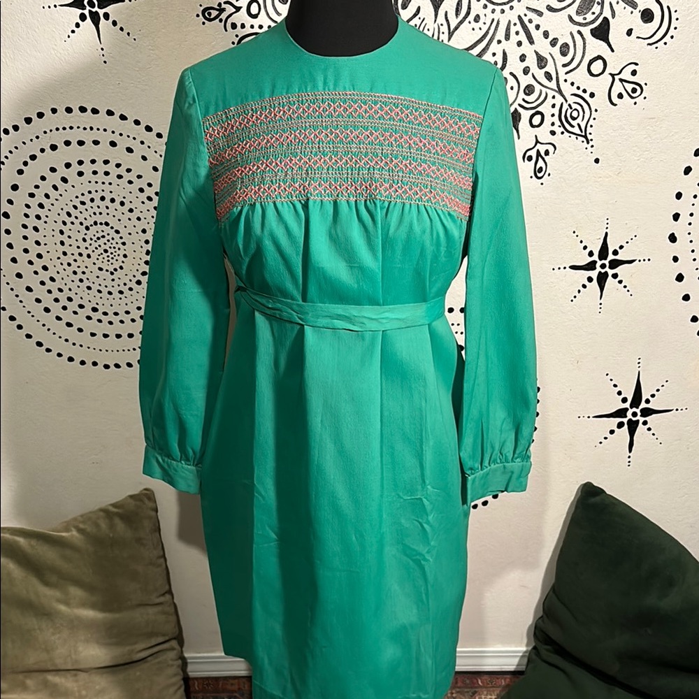 Vintage Handmade Green Dress with Embroidered Detail